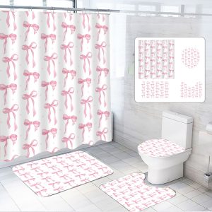 Dznils Pink Bow Shower Curtain and Rug Sets, 16pc Modern Fabric Bathroom Curtain Sets, 72" x 72"