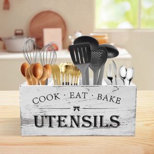 Tzdxfgl 14.5" x 6.7" x 5.5" Extra Large Kitchen Utensils Holder with 4 Compartments, Wooden Utensil Organizer for Kitchen Countertop, Farmhouse Decor, Rustic Cooking Utensil