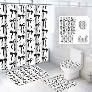 Dznils Black Bow Shower Curtain and Rug Sets, 16pc Modern Fabric Bathroom Curtain Sets, 72" x 72"