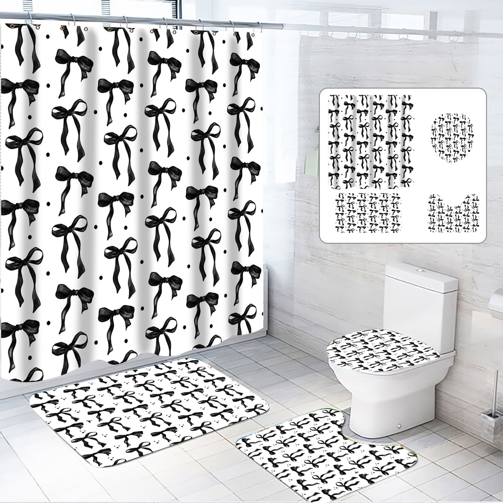 Dznils Black Bow Shower Curtain and Rug Sets, 16pc Modern Fabric Bathroom Curtain Sets, 72" x 72"
