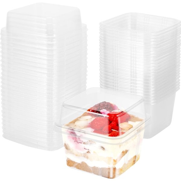 Ihvewuo Clear PET Good Sealing Food Storage Jar & Container (50 Count) 50pcs Plastic Dessert Cups with Lids 8oz Reusable Cupcake Container Clear Square Single Dessert Box