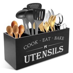 Tzdxfgl Wood Utensil Holder, Silverware Organizer with 4 Compartments for Kitchen Countertop, Black