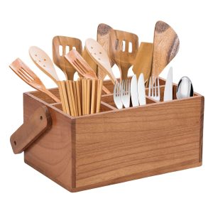 Tzdxfgl Wood Utensil Holder with Handle, Kitchen Silverware Caddy for Countertop, 4 Compartments