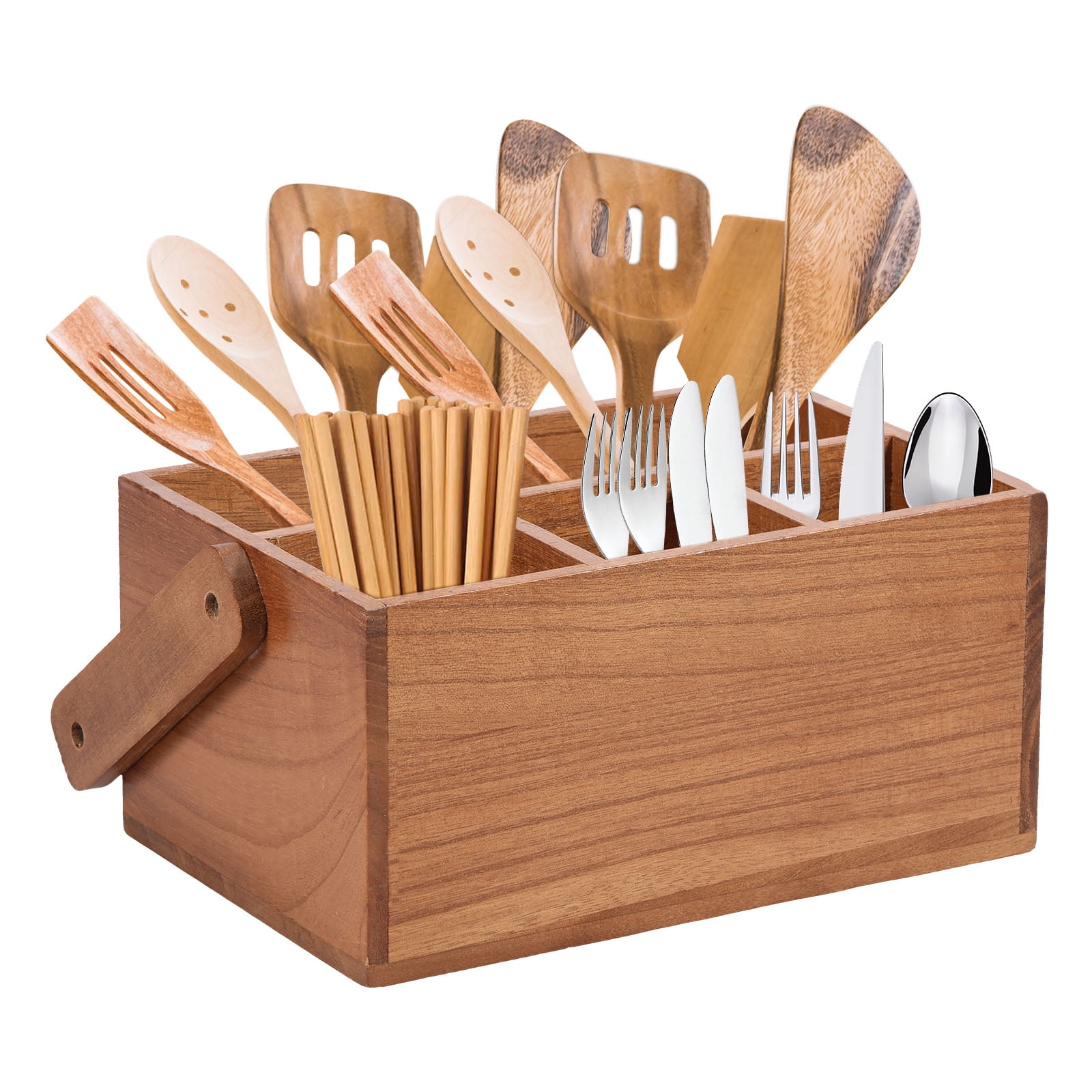 Tzdxfgl Wood Utensil Holder with Handle, Kitchen Silverware Caddy for Countertop, 4 Compartments