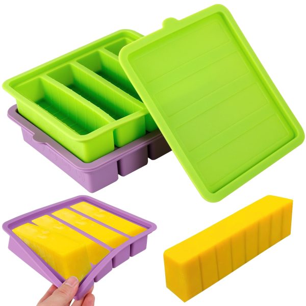 Ihvewuo 2pcs Butter Mold Non-Stick Silicone Butter Tray with Lid 4-Cavity Butter Container Holds 8 Tablespoons Butter Butter Molds Tray for Brownies Homemade Butter Herbed Garlic Butter 7x6x1.37 inch