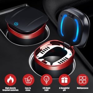 Qenwkxz Car Ashtray with LED Light and Lid Portable Smokeless Car Ash Tray Smell Proof Mini Car Trash Can Detachable Car Ash Cup with Cigarette Holder for Vehicle Office Home Use