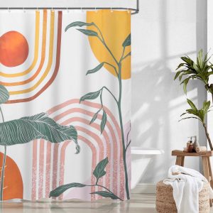 Dznils Boho Shower Curtain with Hooks, Modern Abstract Fabric Bathroom Curtain, 72" x 72", Orange