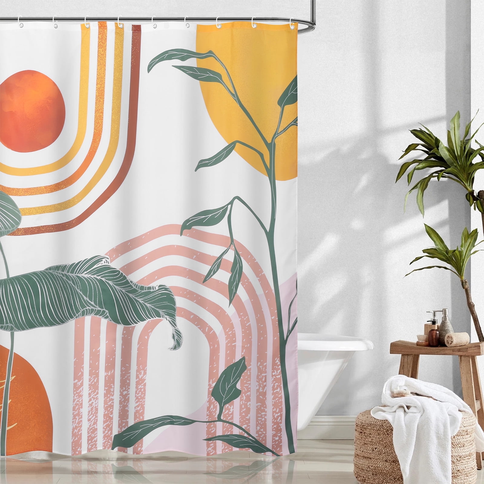 Dznils Boho Shower Curtain with Hooks, Modern Abstract Fabric Bathroom Curtain, 72" x 72", Orange