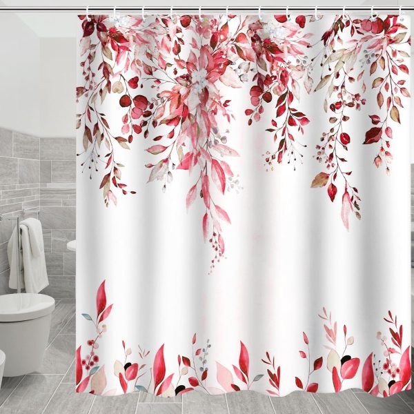Dznils Red Eucalyptus Fabric Shower Curtain, Watercolor Floral Pattern with Hooks, 72" x 72"
