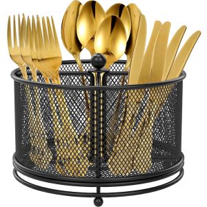 Tzdxfgl 360?? Rotating Metal Utensil Holder for Countertop, 4 Compartment Silverware Organizer, Black