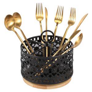 Tzdxfgl 360?? Rotating Metal Utensil Holder for Countertop, 4 Compartment Silverware Organizer, Black
