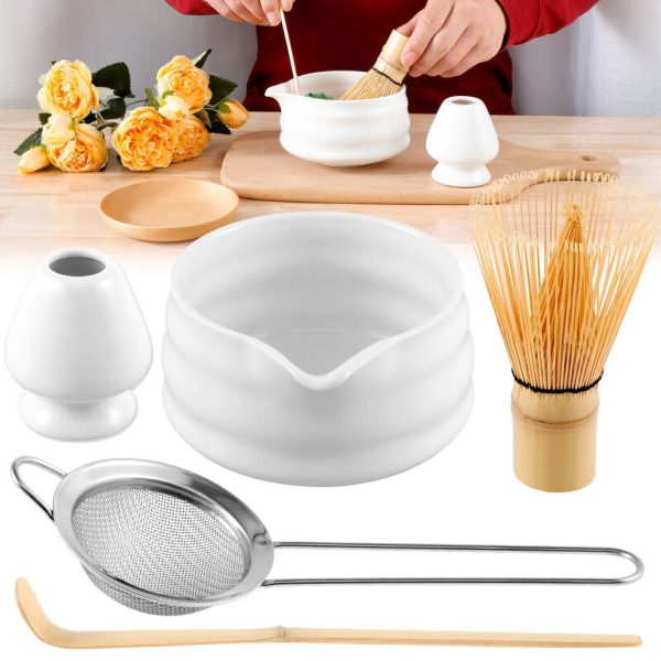 Ihvewuo Matcha Whisk Set Ceramic Matcha Bowl with Pouring Spout Matcha Bamboo Whisk Stainless Sifter Ceramic Whisk Holder Bamboo Scoop Exquisite Matcha Kit for Matcha Tea Culture (5pcs)