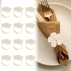 Ihvewuo Delicate White Flower Design Napkin Rings (12 Pack)