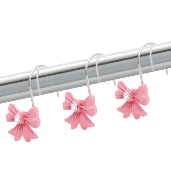 Dznils Pink Bow Shower Curtain Hooks Rings, Rustproof Bathroom Resin Shower Hooks, Set of 12