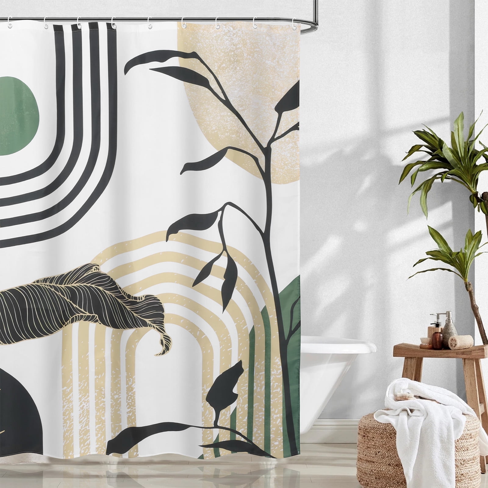 Dznils Boho Shower Curtain with Hooks, Modern Abstract Fabric Bathroom Curtain, 72" x 72", Black