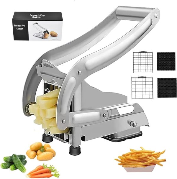 Ihvewuo Stainless Steel French Fry Cutter, Grade Vegetable and Potato Slicer, Includes 2 Blade Size Cutter Options and No-Slip Suction Base, Perfect for Air Fryer Food Preparation