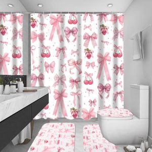 Dznils Pink Bow Shower Curtain and Rug Sets, 16pc Modern Fabric Bathroom Curtain Sets, 72" x 72"