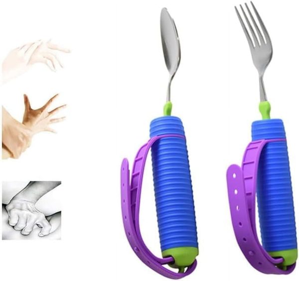 Wekvgz Adaptive Utensils with Nonslip Handle and Adjustable Silicone Strap 360?? Rotatable Adaptive Eating Utensils Easy Grip Adaptive Spoon and Fork for Disability