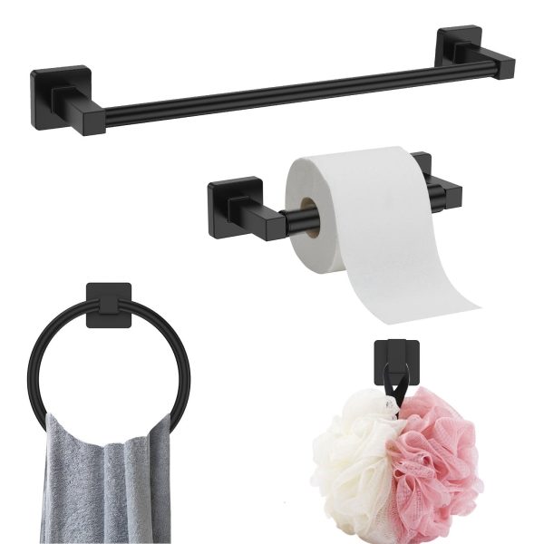 Dznils Matte Black Steel Bathroom Hardware Set, Towel Bar, Toilet Paper Holder, Towel Ring, 4 Piece