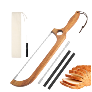 Sourdough Bread Knife, 16.3-Inch Acacia Wood Bread Bow Knife with Serrated Stainless Steel Blade, Bread Slicing Set with Replacement Blade
