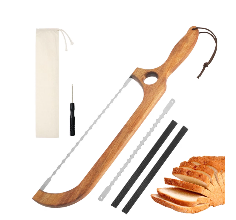Sourdough Bread Knife, 16.3-Inch Acacia Wood Bread Bow Knife with Serrated Stainless Steel Blade, Bread Slicing Set with Replacement Blade