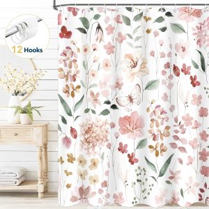 Dznils Floral Shower Curtain with Hooks, Modern Watercolor Fabric Bathroom Curtain, Pink, 72" x 72"