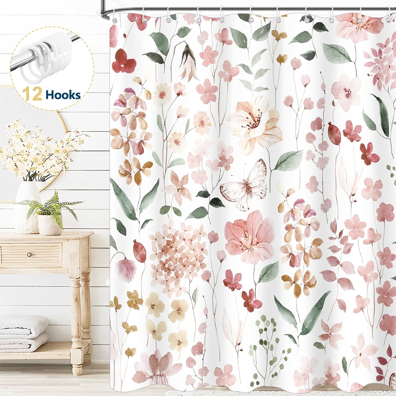 Dznils Floral Shower Curtain with Hooks, Modern Watercolor Fabric Bathroom Curtain, Pink, 72" x 72"