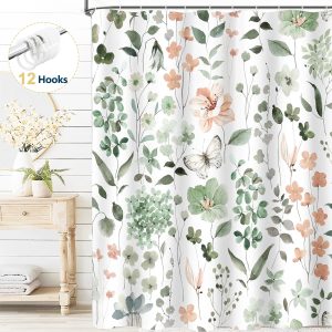 Dznils Floral Shower Curtain with Hooks, Modern Watercolor Fabric Bathroom Curtain, Green, 72" x 72"