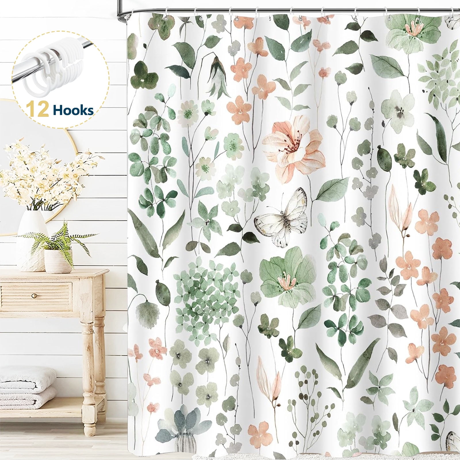 Dznils Floral Shower Curtain with Hooks, Modern Watercolor Fabric Bathroom Curtain, Green, 72" x 72"