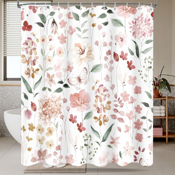 Dznils Floral Shower Curtain with Hooks, Modern Watercolor Fabric Bathroom Curtain, Pink, 72" x 72"
