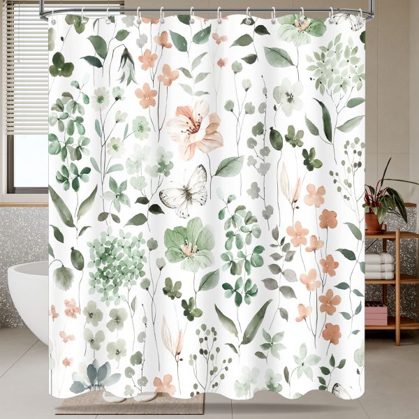 Dznils Floral Shower Curtain with Hooks, Modern Watercolor Fabric Bathroom Curtain, Green, 72" x 72"