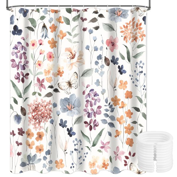 Dznils Floral Shower Curtain with Hooks, Modern Watercolor Fabric Bathroom Curtain, Blue, 72" x 72"