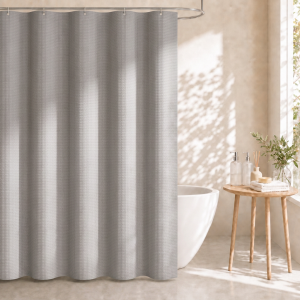 Dznils Waffle Shower Curtain with Hooks, Thick Weighted Fabric Bathroom Curtain, Gray, 72" x 72"