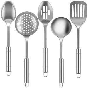 Qenwkxz 5pcs Kitchen Tools and gadgets Cooking Utensils Set Stainless Steel Spoons Spatula Set with Heavy-Duty Washable Utensils with Ergonomic Handle Hole Reusable Kitchen Gadgets Tools Set for Wome