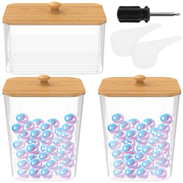 Qenwkxz 3 Pcs Laundry Pod Container Clear Dryer Sheet Holder with Lid and Spoon Practical Laundry Room Organization Container for Scent Booster Powder Cotton Swab