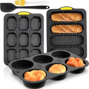 Ikoopy 3 Pcs Silicone Hamburger Bun Mold with Spatula and Brush 4/6/9 Cup Hamburger Bun Pan with Holes for Baking Microwave Safe Black