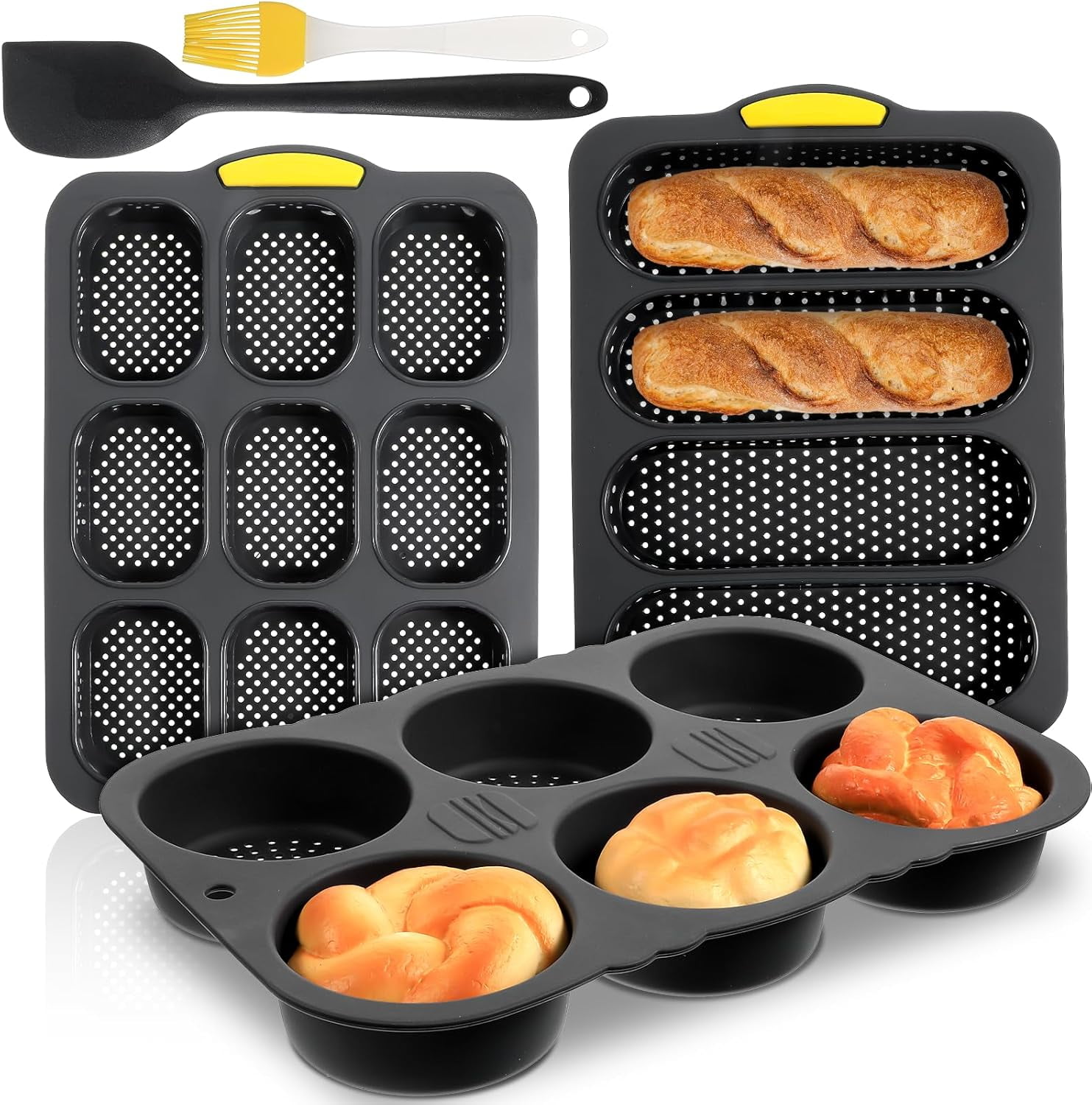 Ikoopy 3 Pcs Silicone Hamburger Bun Mold with Spatula and Brush 4/6/9 Cup Hamburger Bun Pan with Holes for Baking Microwave Safe Black