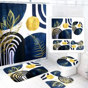 Dznils Boho Fabric Shower Curtain and Rug Sets, Modern Abstract Bathroom Sets, Blue Gold, 72" x 72"