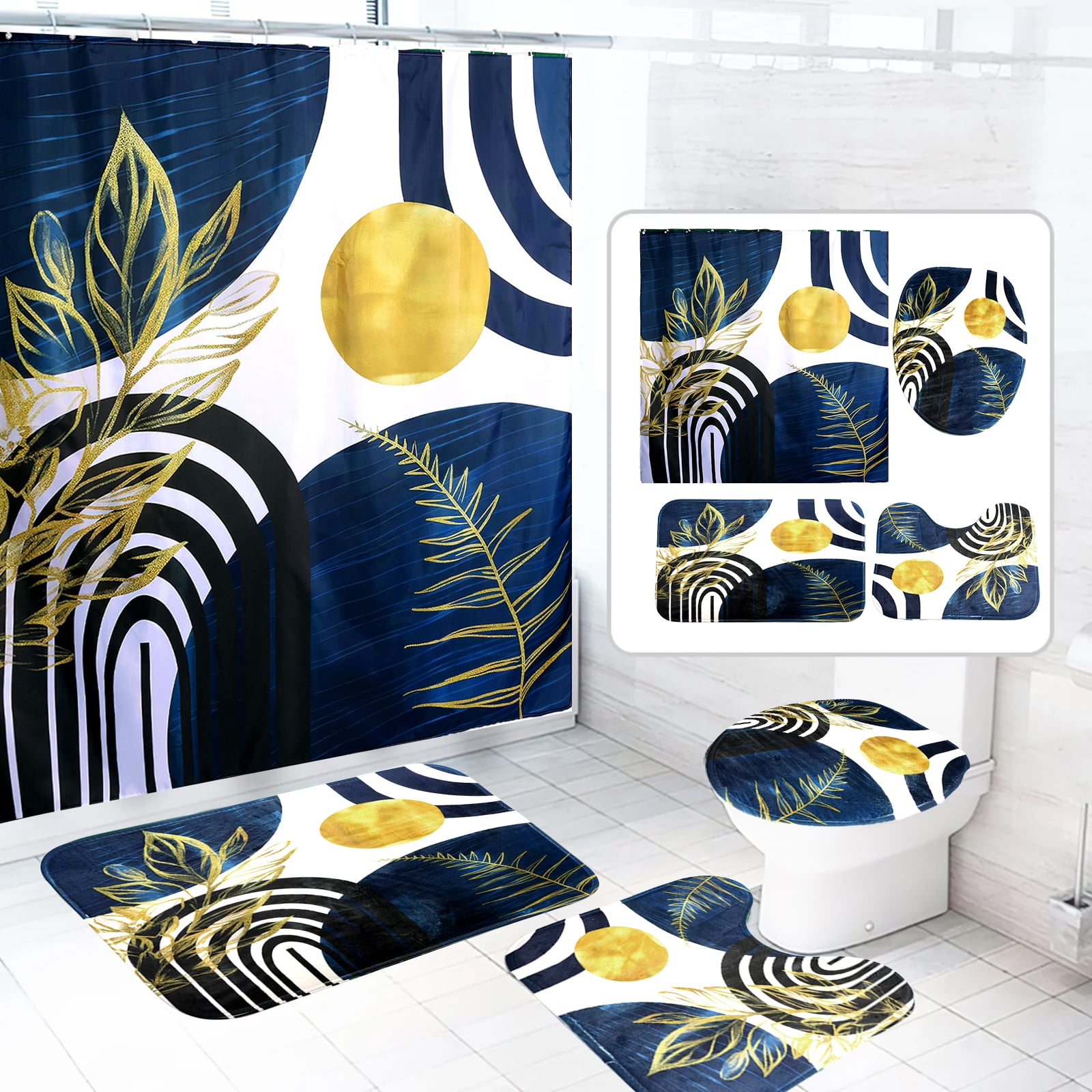 Dznils Boho Fabric Shower Curtain and Rug Sets, Modern Abstract Bathroom Sets, Blue Gold, 72" x 72"