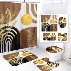 Dznils Boho Fabric Shower Curtain and Rug Sets, Modern Abstract Bathroom Sets, Brown, 72" x 72"
