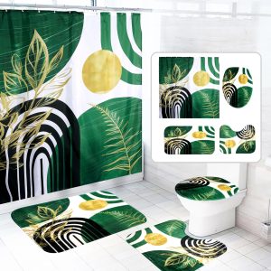 Dznils Boho Fabric Shower Curtain and Rug Sets, Modern Abstract Bathroom Sets, Green Gold, 72" x 72"