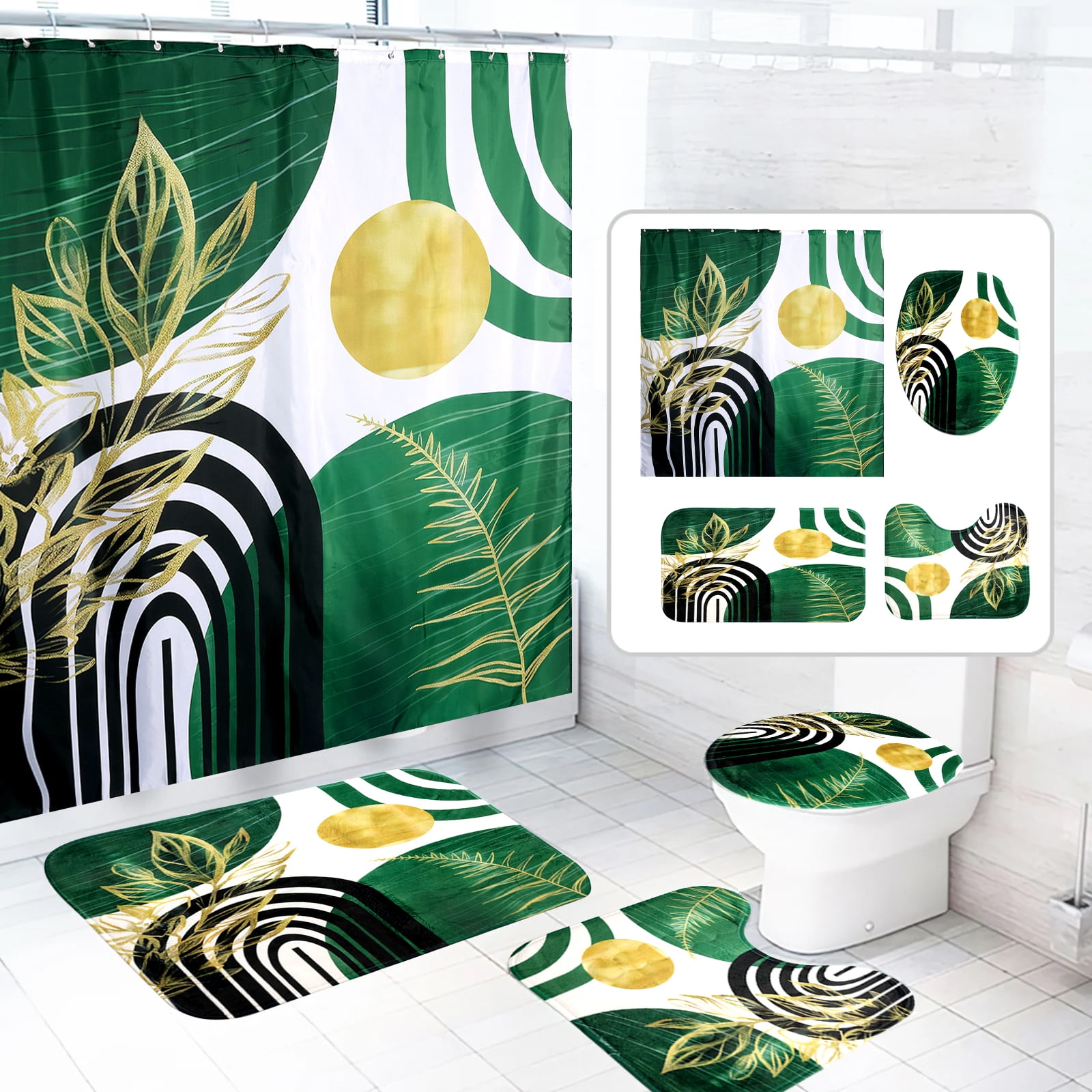 Dznils Boho Fabric Shower Curtain and Rug Sets, Modern Abstract Bathroom Sets, Green Gold, 72" x 72"