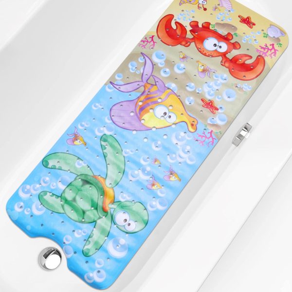 Dznils Extra Long PVC Bathtub Mat, Cartoon Shower Mat with Suction Cups & Drain Holes, 16" x 40"