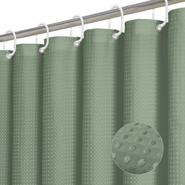 Dznils Waffle Shower Curtain with Hooks, Thick Weighted Fabric Bathroom Curtain, Green, 72" x 72"