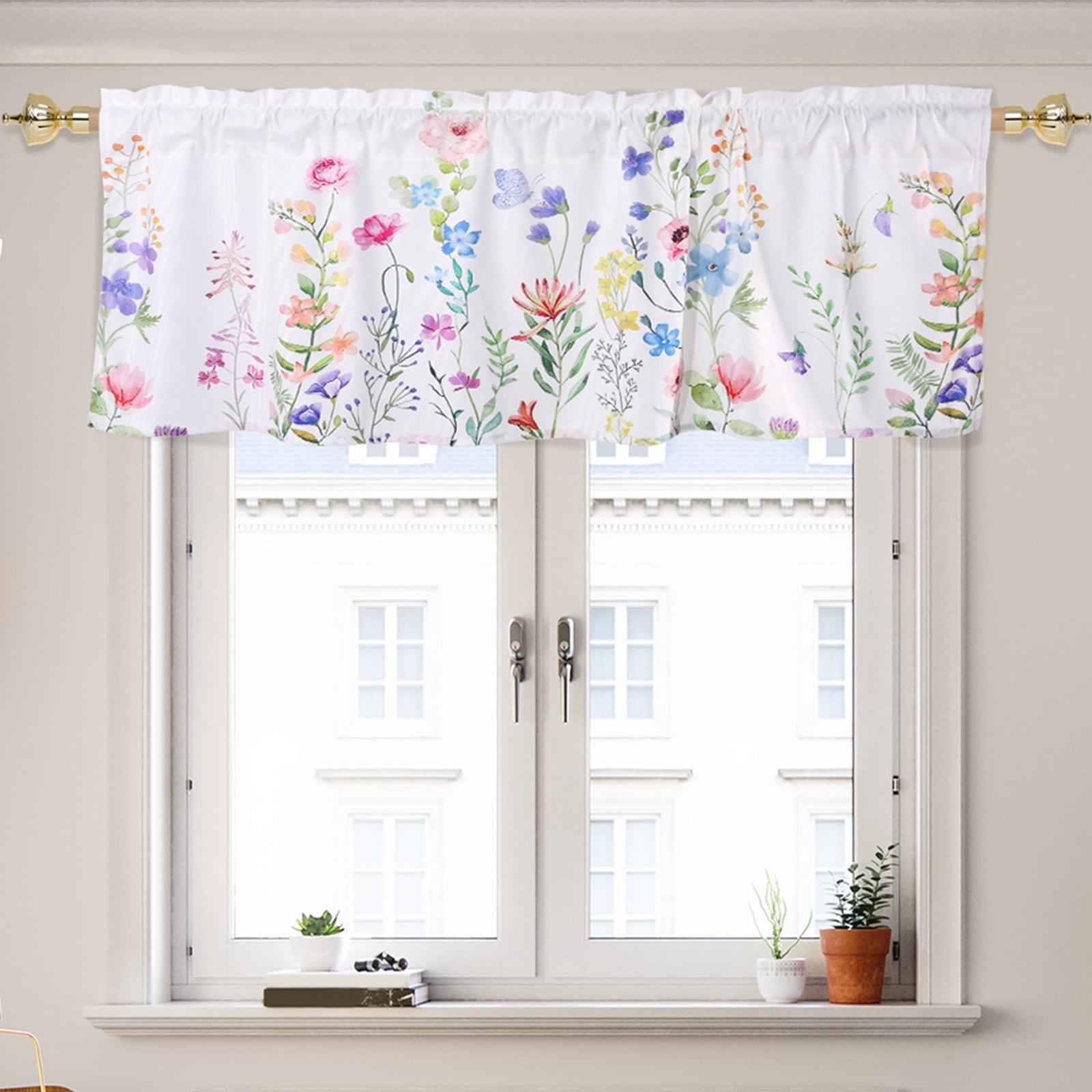 Dznils White Floral Printed Window Curtain Valance Rod Pocket, Pink, 54" x 18", 2 Pack