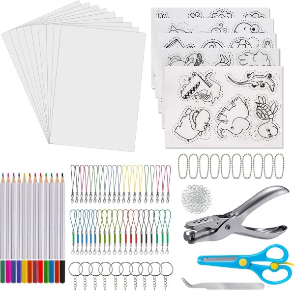 Wekvgz 200pcs Heat Shrink Plastic Sheet Kit Shrinky Art Keychain Kit with 25 Sheets Shrink Plastic Sheet Key Rings Colored Pencils Creative Shrinky Craft Making Kit for Kids Key Rings Jewelry