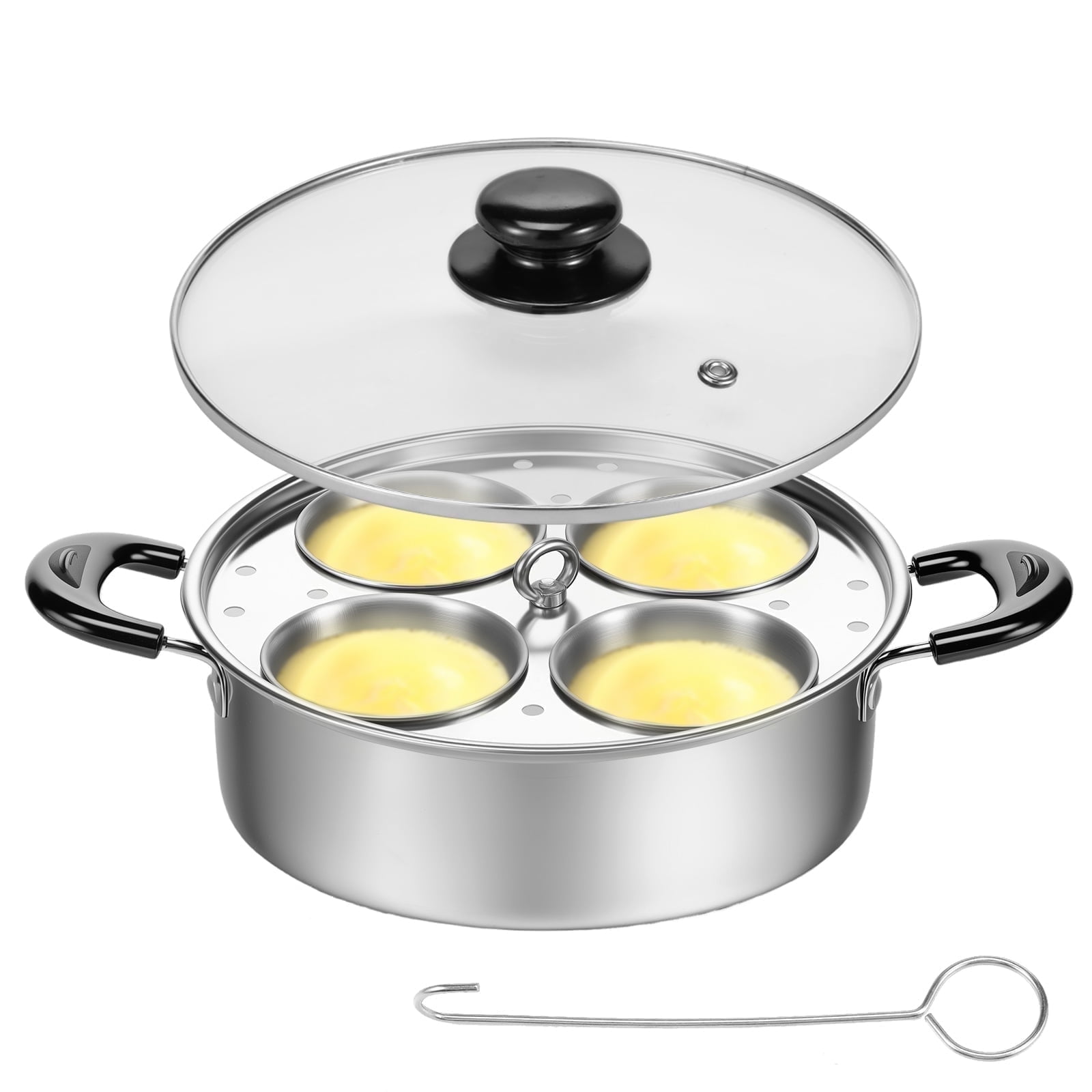 Ihvewuo Egg Poacher Stainless Steel Poached Egg Maker Pot Egg Poaching Pan with 4 Cups Poached Egg Cooker Pot Multipurpose Stovetop Egg Poacher Pot for Induction Cooktop Gas Cooktop 8.66X7.87X2.68in