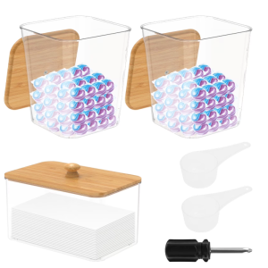 Ikoopy 3 Pcs Laundry Pod Container Clear Dryer Sheet Holder with Lid and Spoon Practical Laundry Room Organization Container for Scent Booster Powder Cotton Swab