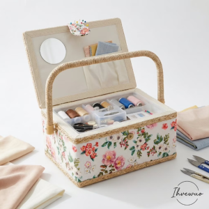Ihvewuo Sewing Basket with Removable Tray Practical Sewing Basket Organizer with Interior Pocket Portable Sewing Storage Box Stylish Sewing Kit Basket for Needles Thread Tape Measure