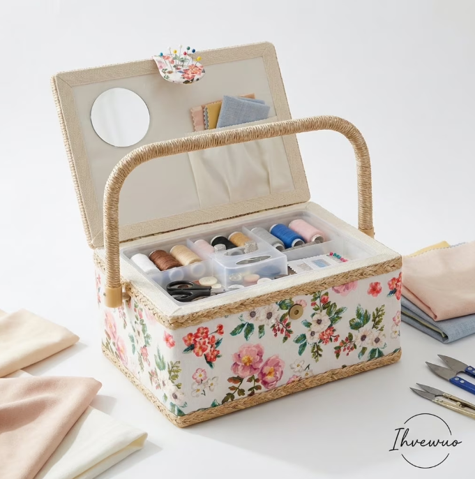 Ihvewuo Sewing Basket with Removable Tray Practical Sewing Basket Organizer with Interior Pocket Portable Sewing Storage Box Stylish Sewing Kit Basket for Needles Thread Tape Measure